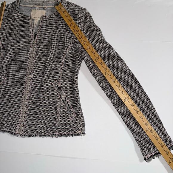 Rebecca Taylor Tweed Jacket Size 4 Zip Front Fringe Trim Pink Workwear Blazer - Picture 7 of 11